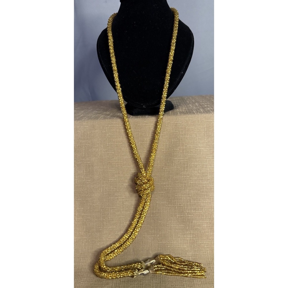 Art Deco Flapper Multi Beaded Long Tassel Gold Color Vintage Necklace
